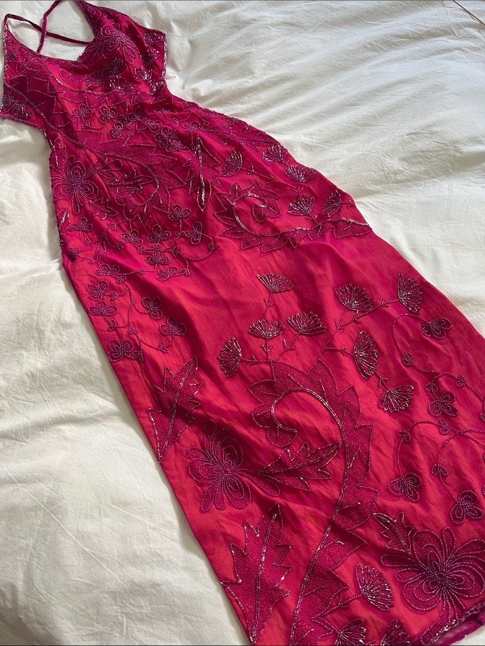Cache vintage Y2K silk magenta hot pink orange beaded maxi dress open back
